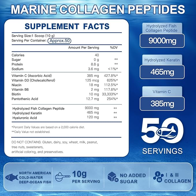 ZEBORA Marine Collagen Peptides Powder 50 Servings - Wild Caught Hydrolyzed Fish Collagen with Hyaluronic Acid Keratin Multivitamins - Collagen for Women Support Skin Hair Nail Joint Keto Friendly