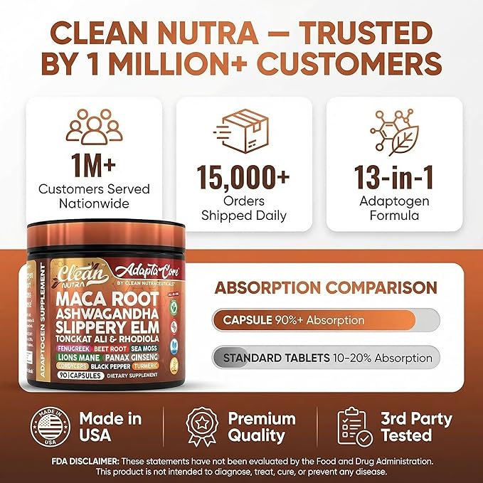 Clean Nutra Organic Maca Root Capsules for Women + Ashwagandha Slippery Elm Tongkat Ali Rhodiola Rosea Fenugreek Beet Root Sea Moss Ginseng Black Yellow Red Maca Powder Supplement 90 Pills