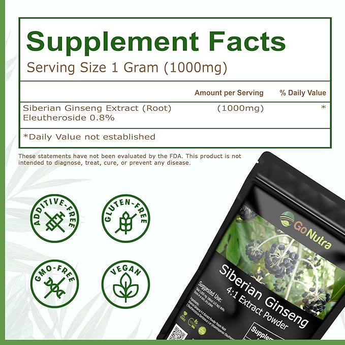 Go Nutra Siberian Ginseng - Eleuthero Root Powder | 4:1 Extract 4X Times Stronger | Supports Energy &amp Stamina | Natural &amp Adaptogenic | Eleutherococcus Senticosus | Non-GMO | 1lb (16 Ounce)