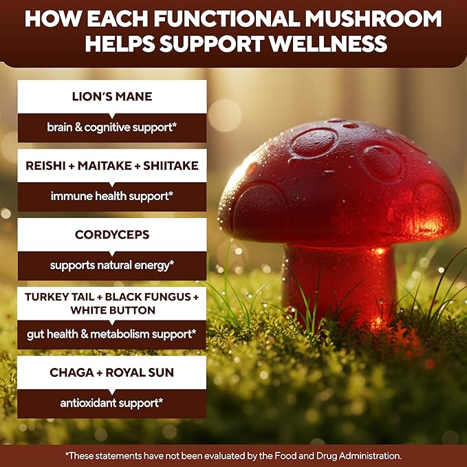 Mushroom Gummies for Adults - USA Made 10 in 1 Mushroom Supplement - Mushroom Complex with Lions Mane Cordyceps Turkey Tail Reishi Shiitake for Cognitive &amp Immune Support - 60 Count