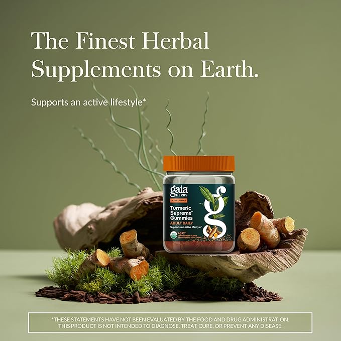 Gaia Herbs Turmeric Supreme Adult Daily - Daily Support for Healthy Active Lifestyle* - USDA Certified Organic Blend of Turmeric &amp Supportive Herbs - 40 Vegan Gummies (20 Servings)