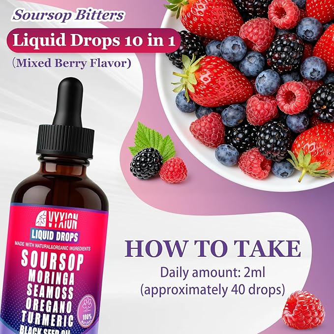 Soursop Bitters Liquid Drops 10 in 1 with Sea Moss Moringa Turmeric Black Seed Oil Oregano Ashwagandha | Herbal Extracts for Overall Health-Enhancing |Vegan Non-GMO| 2 Fl Oz(Mixed Berry Flavor)