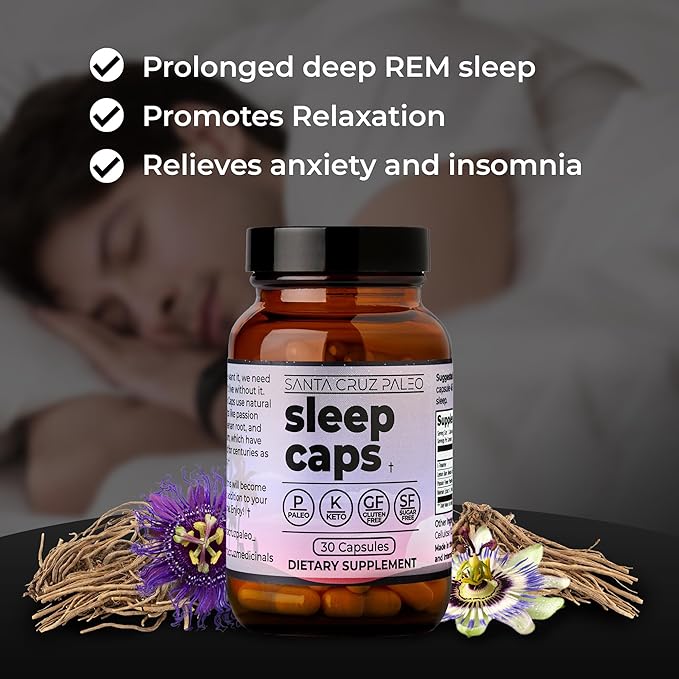 Santa Cruz Paleo Sleep Caps with L-Theanine Lemon Balm Passion Flower &amp Valerian Root Melatonin-Free Nighttime Relaxation Paleo &amp Keto Friendly Sugar &amp Gluten Free 30 Capsules