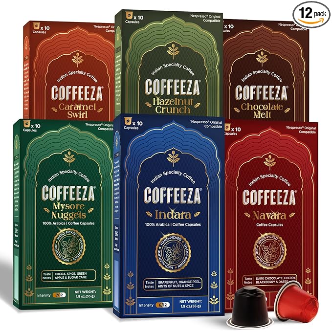 Coffeeza Variety Pack – 120 Coffee Capsules (Pack of 12) – Original Line compatible – Specialty Indian Coffee – Recyclable Pods – Medium to Medium Dark Roast – Espresso Pods
