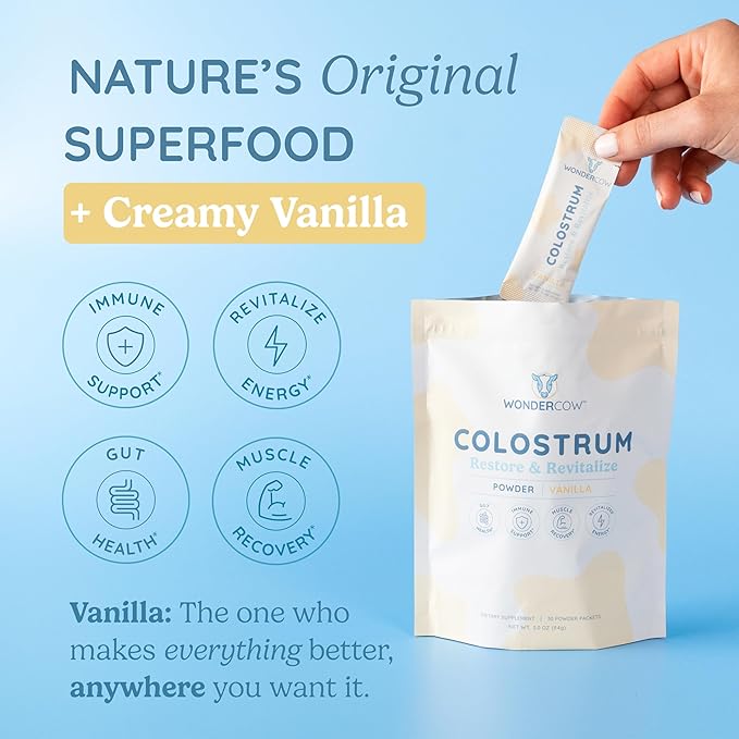Colostrum Supplement Powder for Gut Health Immune Support &amp Wellness | Natural IgG Pure Whole Bovine Colostrum Superfood Vanilla 30 Servings