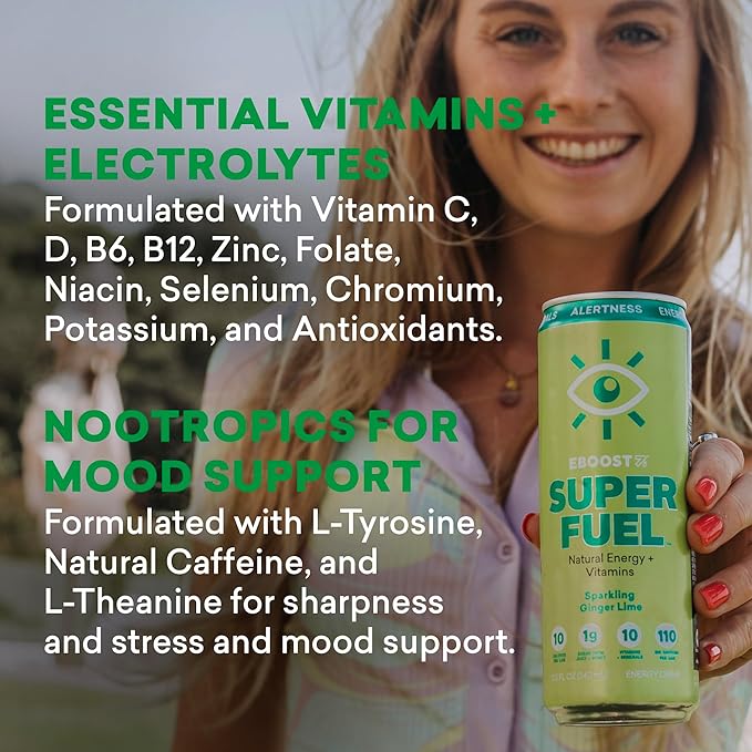EBOOST SUPER FUEL Healthy Energy Drink - Ginger Lime: 12 Healthy Energy Drinks - Focus &amp Productivity - 110 mg Caffeine + Nootropics &amp Electrolytes - No Sucralose Taurine Artificial Flavors