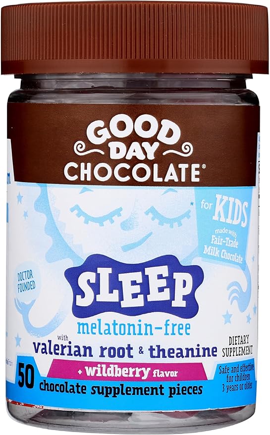 Good Day Chocolate Natural Valerian Root for Kids Herbal Sleep Supplement Organic Wildberry Flavor Fair Trade and Non-GMO Chocolate L-Theanine 50 Pieces