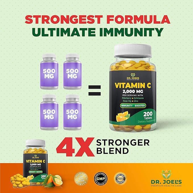 Dr. JOEL'S Immune Support Vitamin C 2000 mg - 200 Tablets - with Zinc Elderberry Rose Hip Echinacea - Boosts Immune System- Made in USA