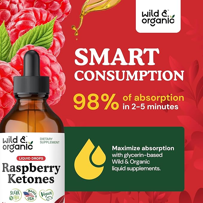 Wild &amp Organic Raspberry Ketones Liquid Drops - Vegan Raspberry Ketones Supplement for Overall Well-Being - 5-Month Supply - Non-GMO No Alcohol &amp Sugar - 4 fl oz
