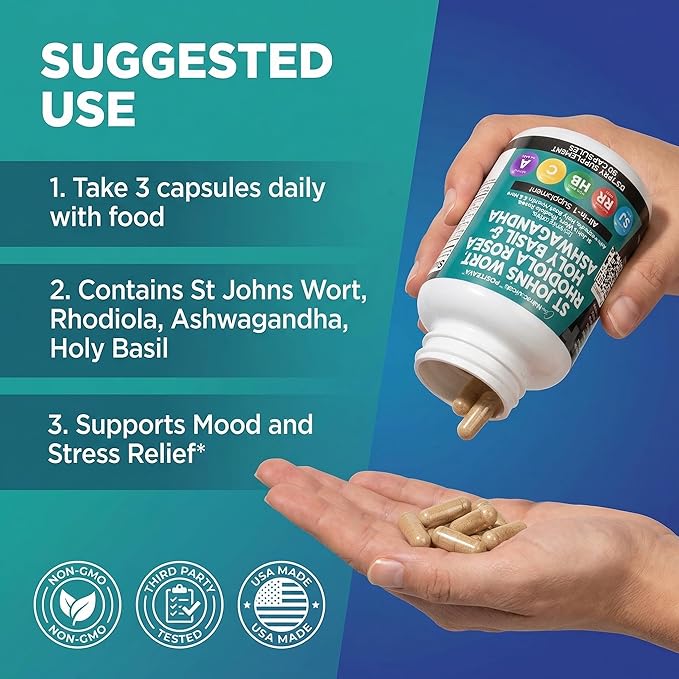 Clean Nutraceuticals St Johns Wort Rhodiola Rosea Holy Basil Ashwagandha - Mood Support for Women and Men with Vitamin C &amp Black Pepper Extract - 90 Caps