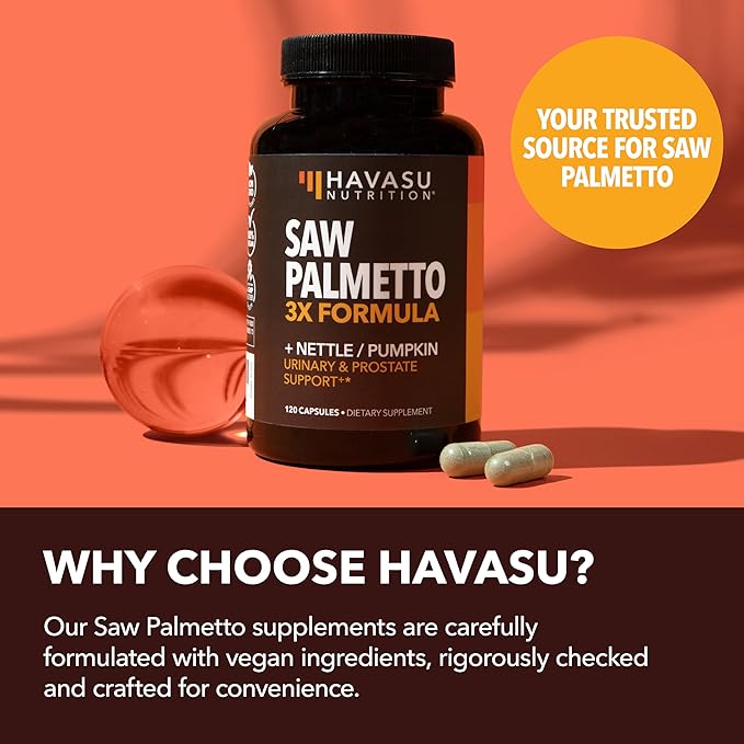Saw Palmetto Supplement with Stinging Nettle and Pumpkin Seed Extract - Advanced 3X Formula - DHT Blocker Urinary Health and Prostate Support for Mens Health - Vegan Non-GMO Capsules - 2 Month Supply