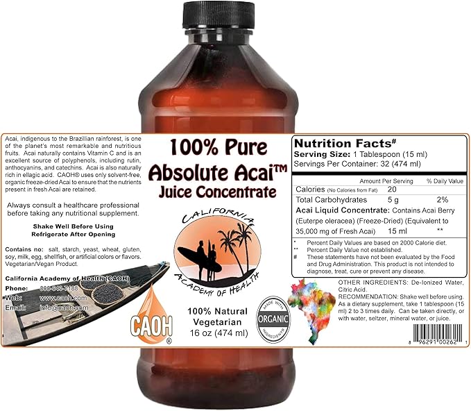 Absolute Acai Juice Concentrate - Made from Organic Acai Berries from CAOH® (2-16 oz Bottle Pack)