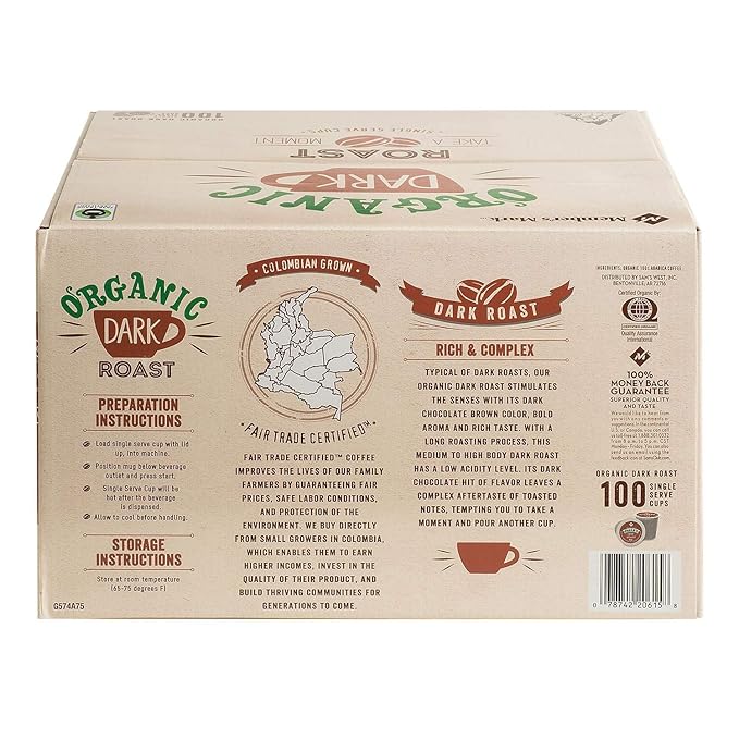 Member's Mark Organic Dark Roast Coffee (100 X 0.37 Oz)Net Wt (37.03 oz) Dark Chocolate &amp Roasted Notes 37.03 Oz
