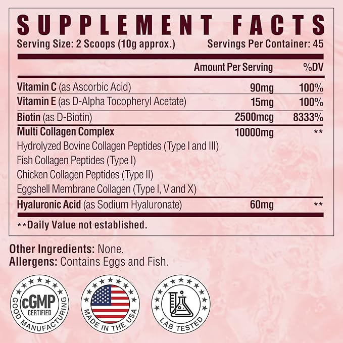 Multi Collagen Peptides Powder - Type I II III V X with Vitamin C E &amp Hyaluronic Acid Hair Skin Nail Support | Unflavored Non-GMO Easy Mix - 45 Servings