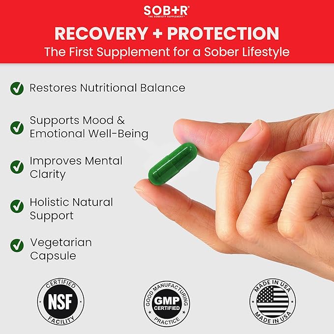 SOB+R Natural Drug Recovery Supplement | Alcohol Craving Blocker for Addiction Support | Restores Nutrients Boost Mental Clarity | Vegetarian Capsules - Therapist Formulated Made in USA | 30 Count