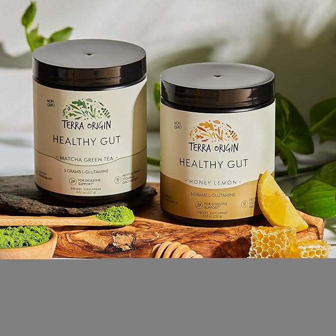 TERRA ORIGIN Healthy Gut Powder (Honey Lemon) | 30-Servings with L-Glutamine Zinc Glucosamine Slippery Elm Bark and More!