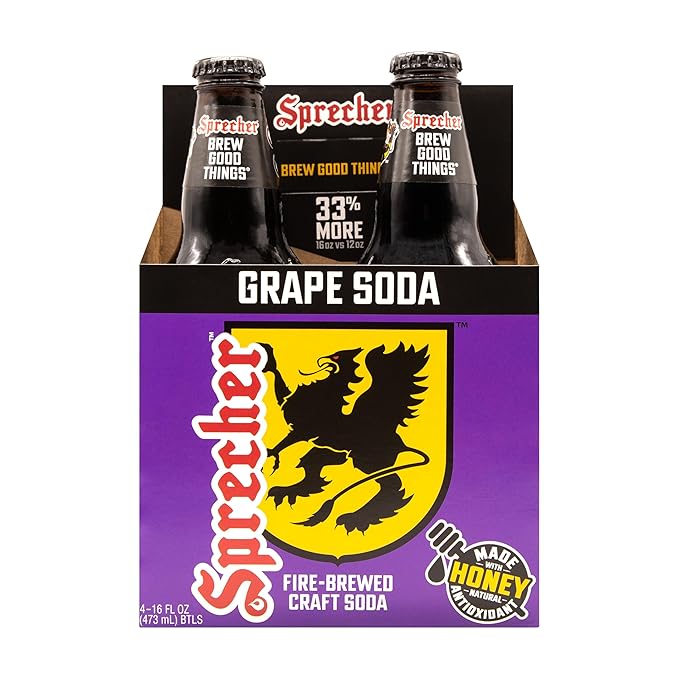 Sprecher Grape Soda in 16 fl oz Glass Bottles (12 Pack) Fire Brewed Craft Soda with Real Honey Bold Juicy Grape Flavor Naturally Flavored Gourmet Soft Drink