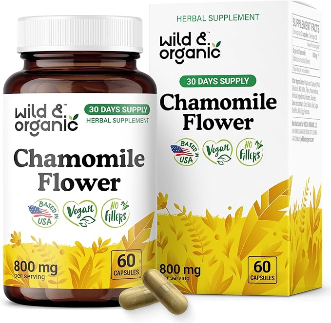 Wild &amp Organic Chamomile Capsules 800 mg - Relaxation &amp Digestive Support - Herb Chamomile Extract Supplement - Matricaria Recutita Flower - Vegan No Fillers Non-GMO - 60 Count