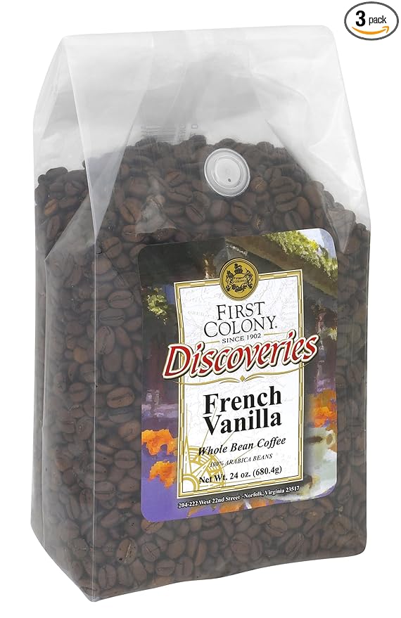 First Colony Discoveries French Vanilla Light Roast Whole Bean Coffee 1.5-Pound Bags (Pack of 3)
