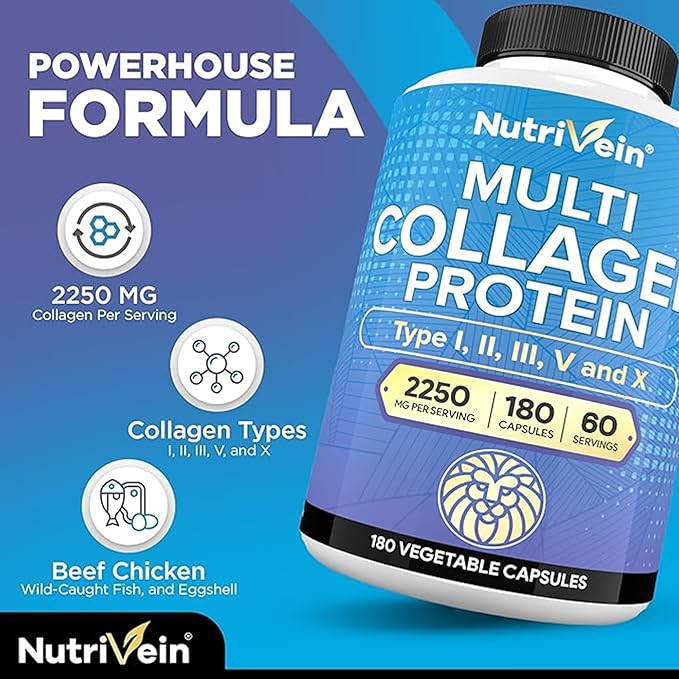 Nutrivein Premium Multi Collagen Pills 2250 mg - 180 Easy-to-Swallow Collagen Capsules: Type I II III V X Hydrolyzed Protein Peptides for Women and Men - Aging Joints Hair Skin Bones &amp Na