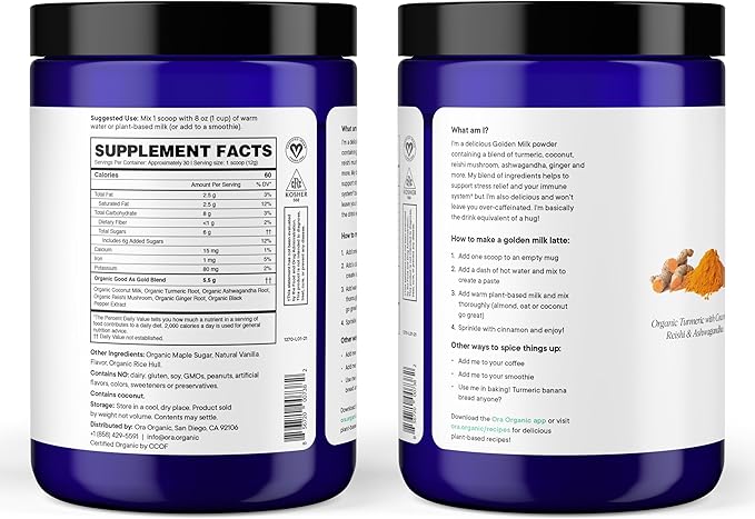 Ora Organic Golden Milk Powder - Ayurvedic Turmeric Powder with Organic Adaptogens - Ashwagandha Reishi and Ginger | Organic Gluten-Free Soy-Free Vegan Non-GMO - Maple &amp Vanilla 30 Servings