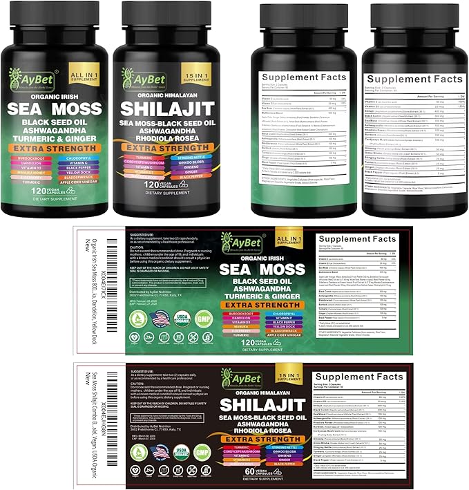 Sea Moss &amp Himalayan Shilajit Supplement Combo–Herbal Formula with Black Seed Oil Ashwagandha Rhodiola Turmeric Ginger – Mineral Antioxidant Support–Organic Halal Vegan Capsules–120 Count