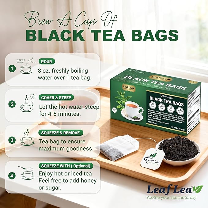 LeafLea 80 Black Tea Bags Premium Black Tea Leaves Rich Bright and Firmly Astringent Promotes Digestive Comfort &amp Steady Alertness Caffeinated Sugar-Free Vegan Enjoy Hot or Iced