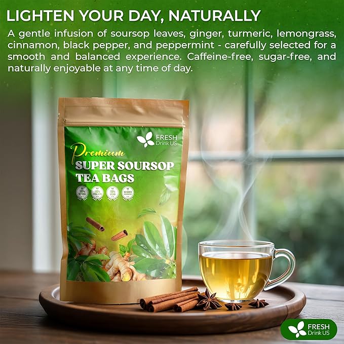 FreshDrinkUS Super Soursop Herbal Tea – 60 Tea Bags | Soursop Ginger Turmeric Lemongrass Cinnamon Black Pepper &amp Peppermint | Caffeine-Free Natural Flavor Plant-Based Blend | Sugar-Free
