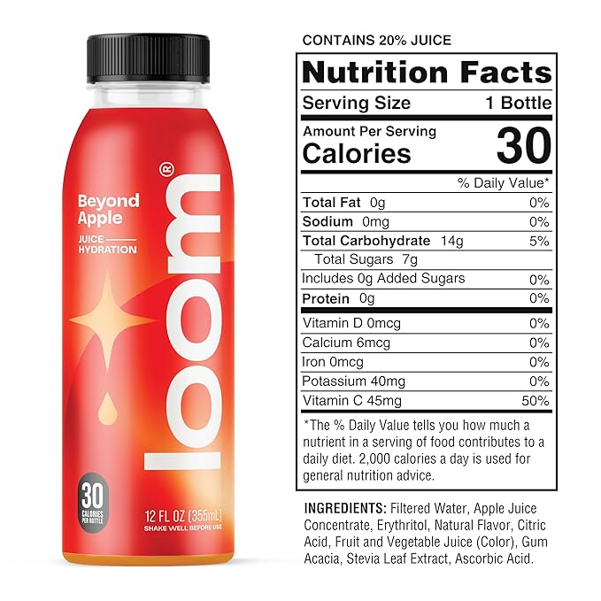 Beyond Apple Juice Drinks by Loom Low Sugar Juice Real Fruit No Added Sugar Healthy Hydration 35 Calories Non-GMO 12 oz bottles 12 pack