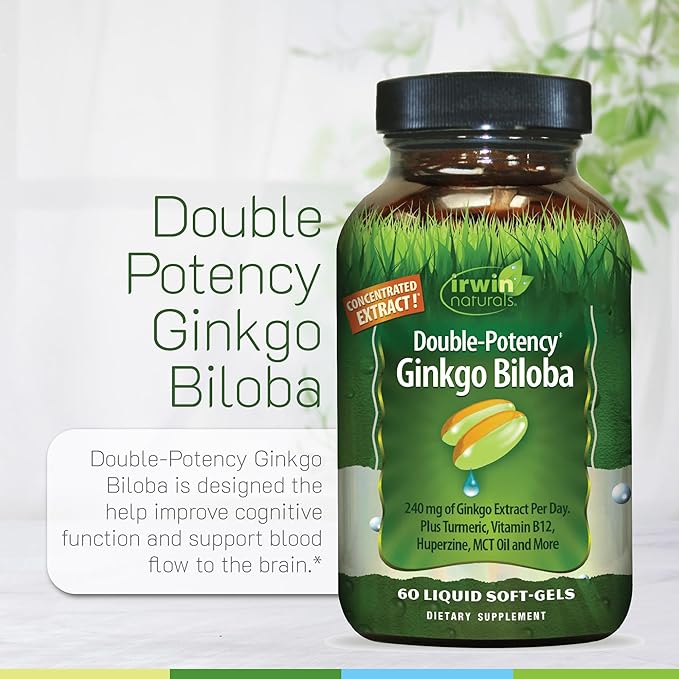 Irwin Naturals Double-Potency Ginkgo Biloba 240mg Extra Strength Brain Health Supplement - Enhance Memory Mental Focus Alertness Concentration &amp Herbal Energy Booster - 60 Liquid Softgels