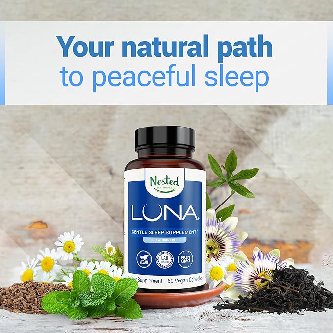 Nested Naturals Luna Melatonin Free Non-Habit Forming Herbal Sleep Supplement w/Chamomile Valerian L-Theanine 180 Vegan Capsules (60 Capsules Per Bottle)