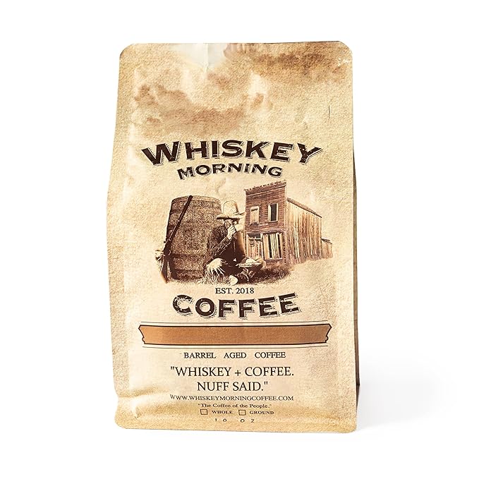 Whiskey Morning Coffee Bourbon Barrel Aged Whole Bean Fire Roasted Coffee Beans 100% Arabica Specialty Grade Non-Alcoholic Whiskey Infused Coffee Beans Small Batch Texas Roasted 10 oz Bag