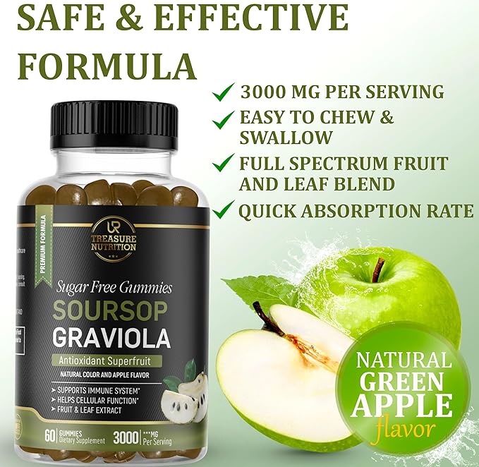 Soursop Leaves &amp Soursop Fruit Gummies - Sugar Free Soursop Graviola Gimmies - 3000mg Max Strenght Soursop Extract - Graviola Supplement - Soursop Fruit and Leaf - 60ct - Non-GMO – Vegan Friendly