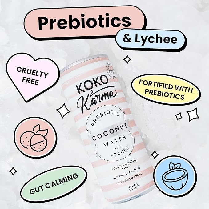 Koko &amp Karma – Prebiotic Coconut Water with Lychee – All Natural with No Added Sugars Pure Coconut Water &amp Lychee Juice – 12 Pack - 16.9 Ounce Cans