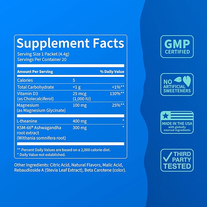 Nello Supercalm Drink Mix - Blue Coconut and Tropical Tangerine Ashwagandha KSM 66 Magnesium Glycinate &amp L-Theanine Supplement - Focus and Relaxation Support (2 x 20 Travel Packets)
