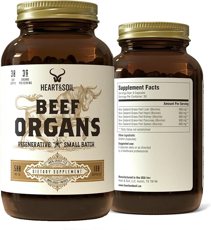 HEART &amp SOIL – 100% Grass Fed &amp Finished Beef Organs from Regenerative Cattle with Liver Heart Kidney Pancreas &amp Spleen – 3000mg Beef Organ Supplement for Women &amp Men – Glass Bottle