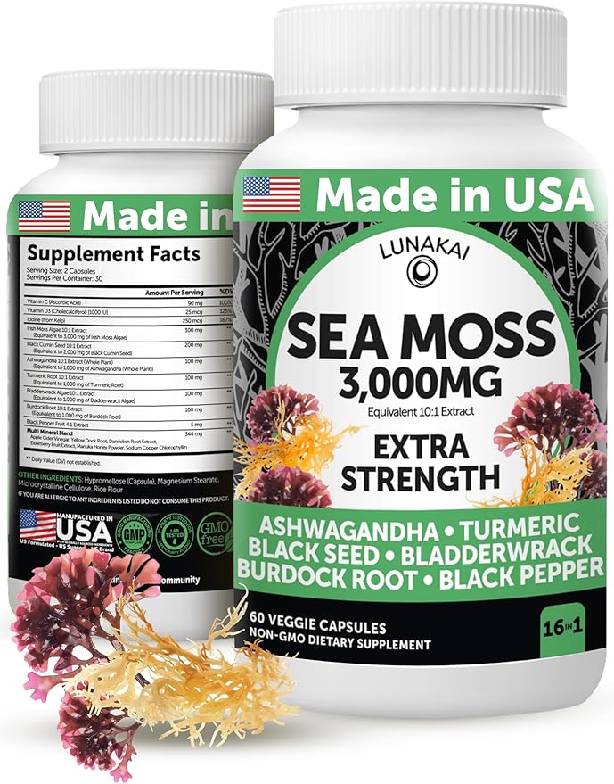 Lunakai USA Made Irish Sea Moss Capsules with Black Seed Oil Ashwagandha Burdock Root &amp Bladderwrack 60ct