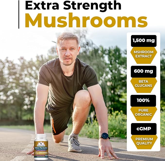 Cancer Sciences Skin Wellness Supplement USDA Certified Organic Extract Mushrooms Supplement Extra Strength 1500 mg High Potency 40% Beta-Glucans Immune Support Glowing Complexion 120 Capsules