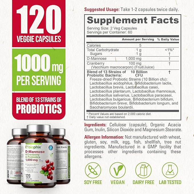 biophix D-Mannose 1000mg Capsules with Cranberry &amp Probiotics - D Mannose Supplements for Women - D-Mannose Pills for Urinary Tract &amp Bladder Health Support - Digestive Well-Being - 120 Vcaps