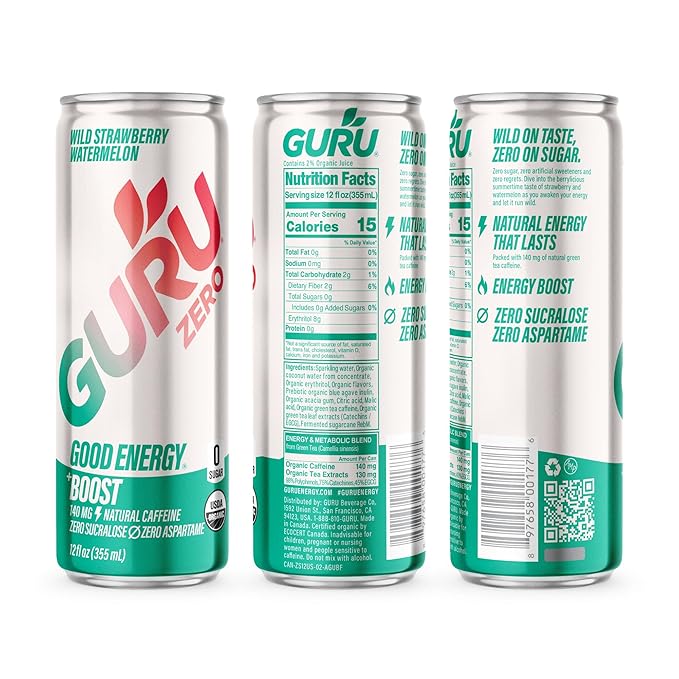 GURU ZERO SUGAR Wild Strawberry Watermelon Organic Energy Drinks Clean Energy Drink with Plant Based Natural Caffeine from Green Tea Coconut Water Prebiotic Zero Added sugars Gluten Free and Vega