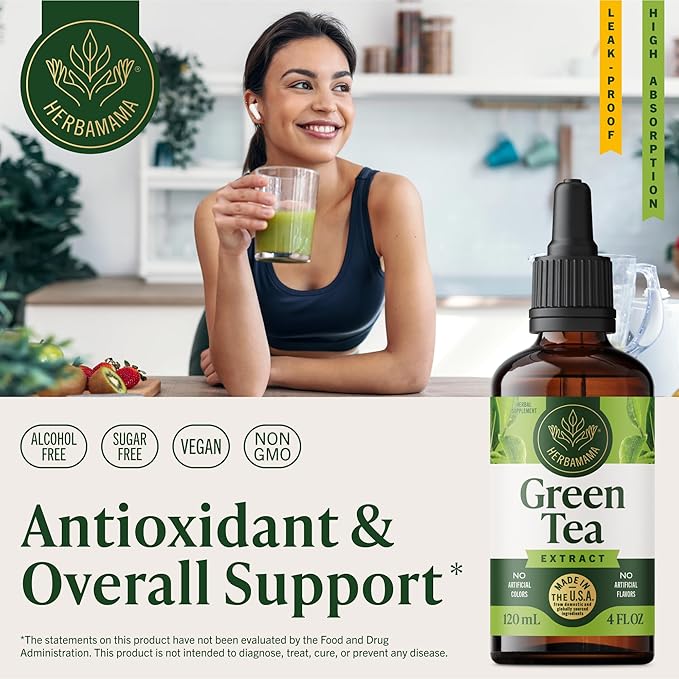 HERBAMAMA Green Tea Drops - Vegan Antioxidant &amp Overall Support with Green Tea Extract Liquid Tincture - Non-GMO Alcohol &amp Sugar-Free Camellia Sinensis Supplement 84-Day Supply
