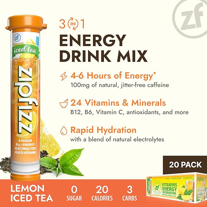 Zipfizz Daily Energy Drink Powder Lemon Iced Tea 20 Pack | 3-in-1 Sustained Energy Rapid Hydration and Essential Vitamins | Sugar-Free | Electrolyte Powder | Contains Vitamin B-12 &amp Antioxidan