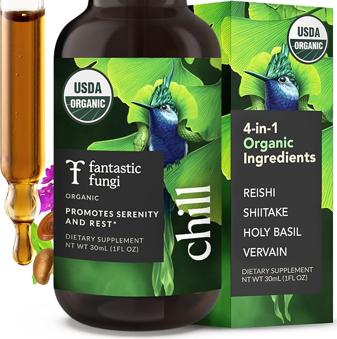 Fantastic Fungi Reishi Mushroom Extract Drops - Chill Elixir Mushroom Tincture with Holy Basil Shiitake &amp Vervain - 4-in-1 Organic Mood Support Supplement for Relaxation &amp Calm 30 Servings