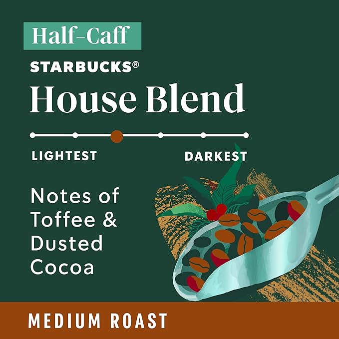 Starbucks Ground Coffee Medium Roast Coffee Half-Caff House Blend 100% Arabica 6 Bags (12 oz each)