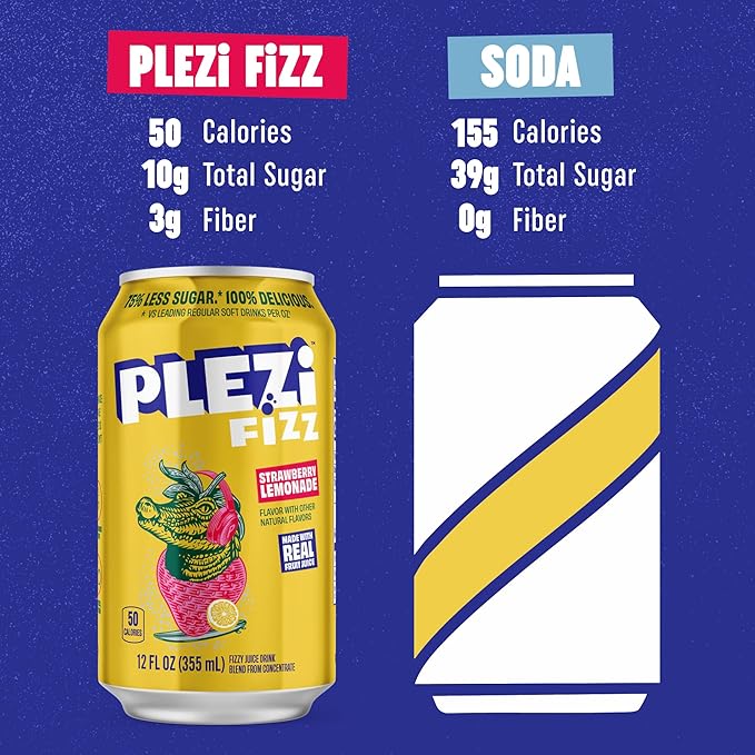 PLEZi FiZZ Strawberry Lemonade Sparkling Juice - Healthy Soda Alternative with Real Fruit Juice No Added Sugar - Low Sugar Sparkling Drink - Good Source of Fiber 12 Fl Oz (12 Pack)