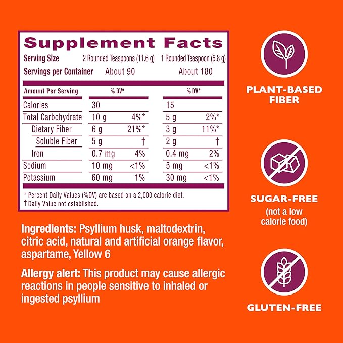 Metamucil 4-in-1 Psyllium Husk GLP-1 Friendly Fiber Supplement Sugar-Free 180 teaspoons Orange Flavored Daily Fiber Powder for Digestive Health made with Plant-Based Psyllium Husk Fiber