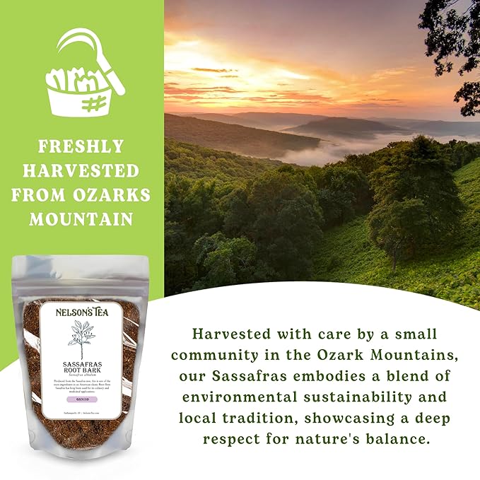 Nelson’s Tea - Sassafras Root Bark Ground - Caffeine Free - Aromatic Sassafras Albidum - Freshly Packed in a Resealable Bag for Lasting Freshness (4oz)