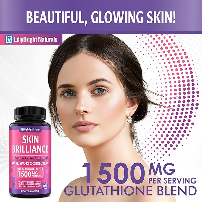 Glutathione Capsules - 1500mcg L-Glutathione Supplement with Vitamin C - Skin Tone Enhancer - Targets Dark Spots &amp Acne Marks - Antioxidant Supplement for Beauty &amp Health Support - 60 Skin Pi