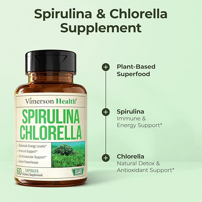 Organic Spirulina and Chlorella Capsules - Spirulina Capsules with Chlorella Powder for Immune Antioxidant &amp Energy Support. Nutritious Super Green. Vegan &amp Non-GMO. Third Party Tested. 60 Ca