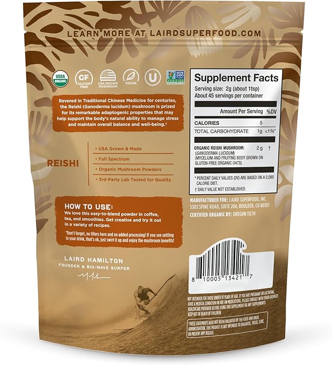 Laird Superfood Organic Reishi Mushroom Powder for Immune Support and Stress Relief 3.17 oz. Bag Pack of 1